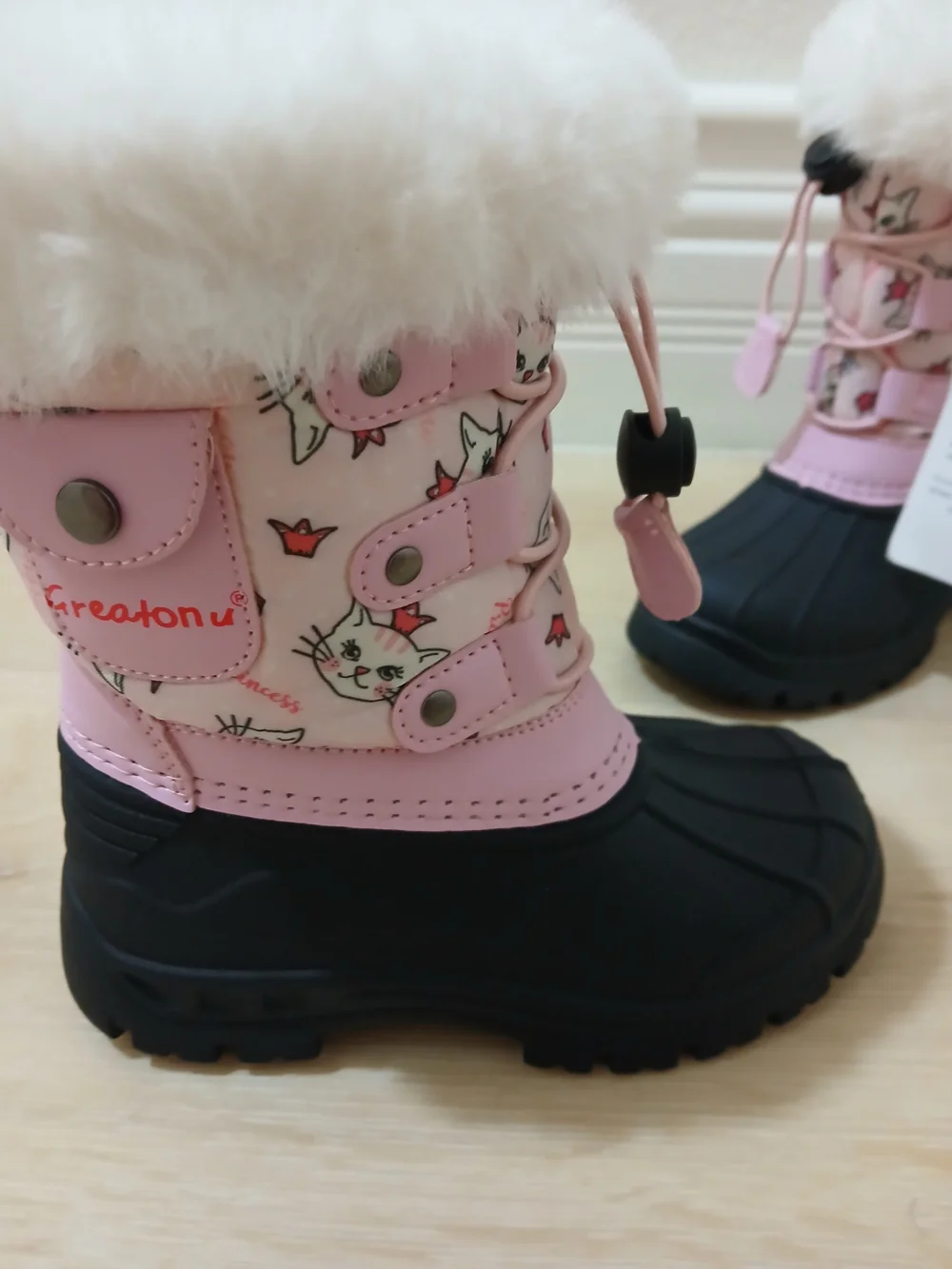 Greatonu Pink & Black Kids Snow Boots with Faux Fur Cuff Kitty Cat Princess